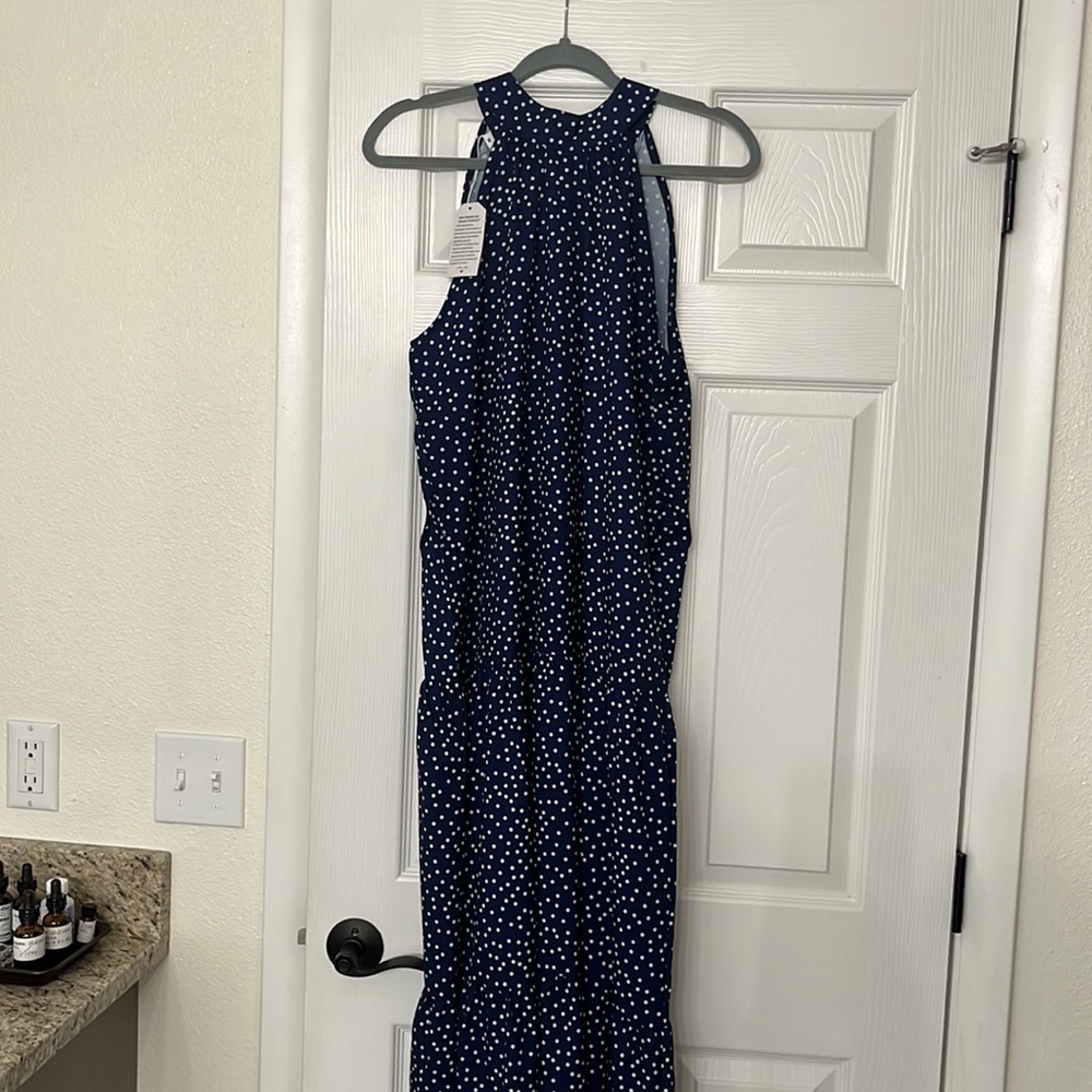 Long Navy and White polka dot dress.